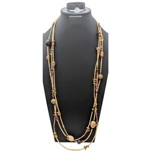 Vintage Three Strand Tiny Heishi Shell Bead Jasper Stone Station Long Necklace